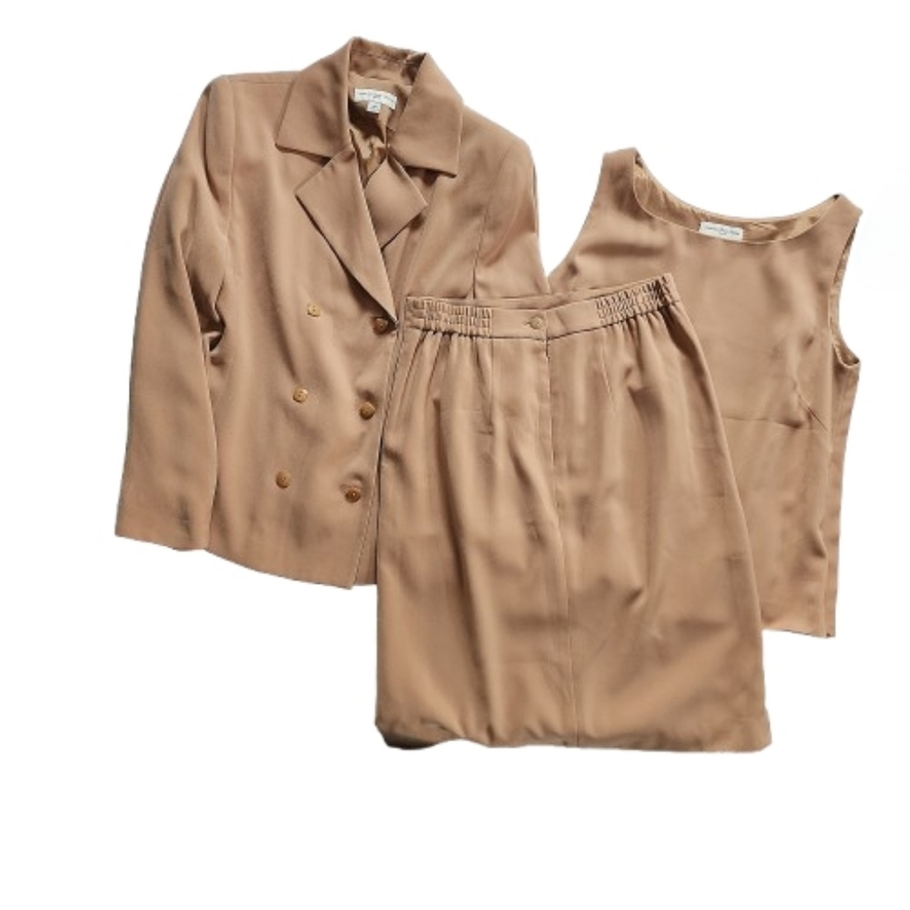 Womens 10P Amanda Smith Three-Piece Camel Tan Light Academia Blazer Skirt Suit